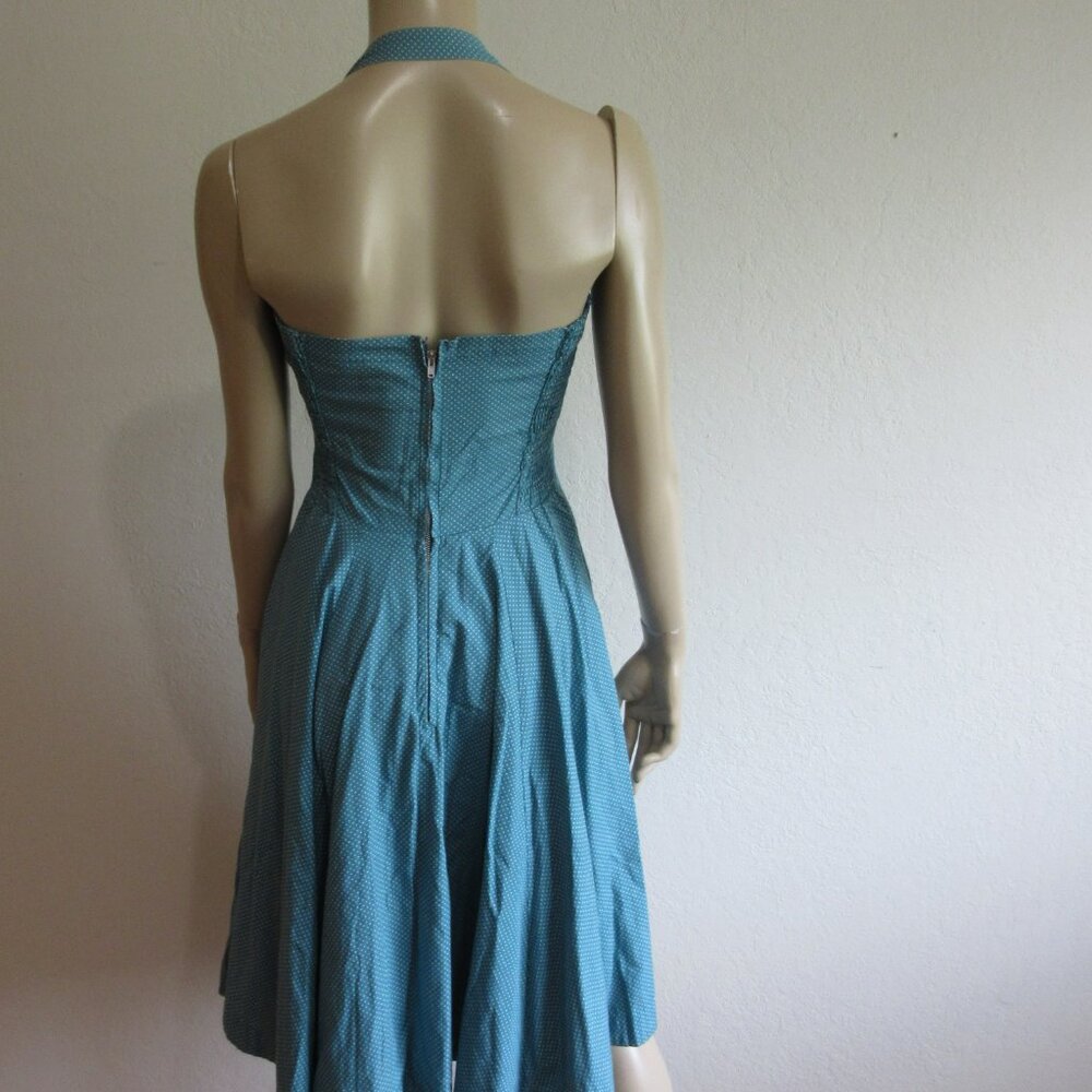 Girls from Savoy Green Microdot 2 Retro 60's Halter Fit & Flare Dress - Picture 3 of 5